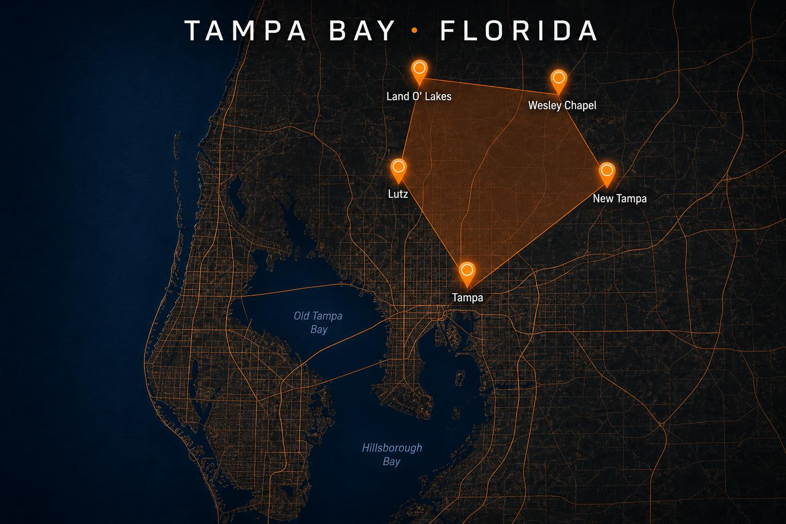 Map of our Tampa Bay service area covering Wesley Chapel, Tampa, Lutz, Land O' Lakes, and New Tampa